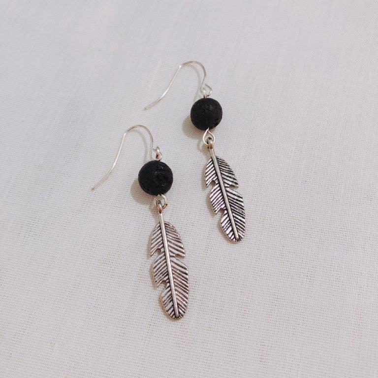 Lava Stone Earring - Silver Feather